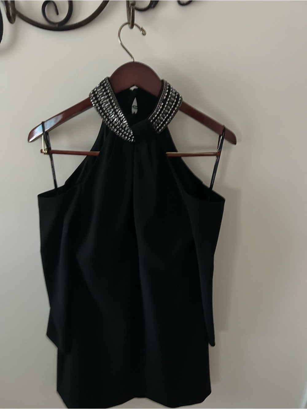 Karen Millen Black Halter Mini Dress with Beaded Neckline